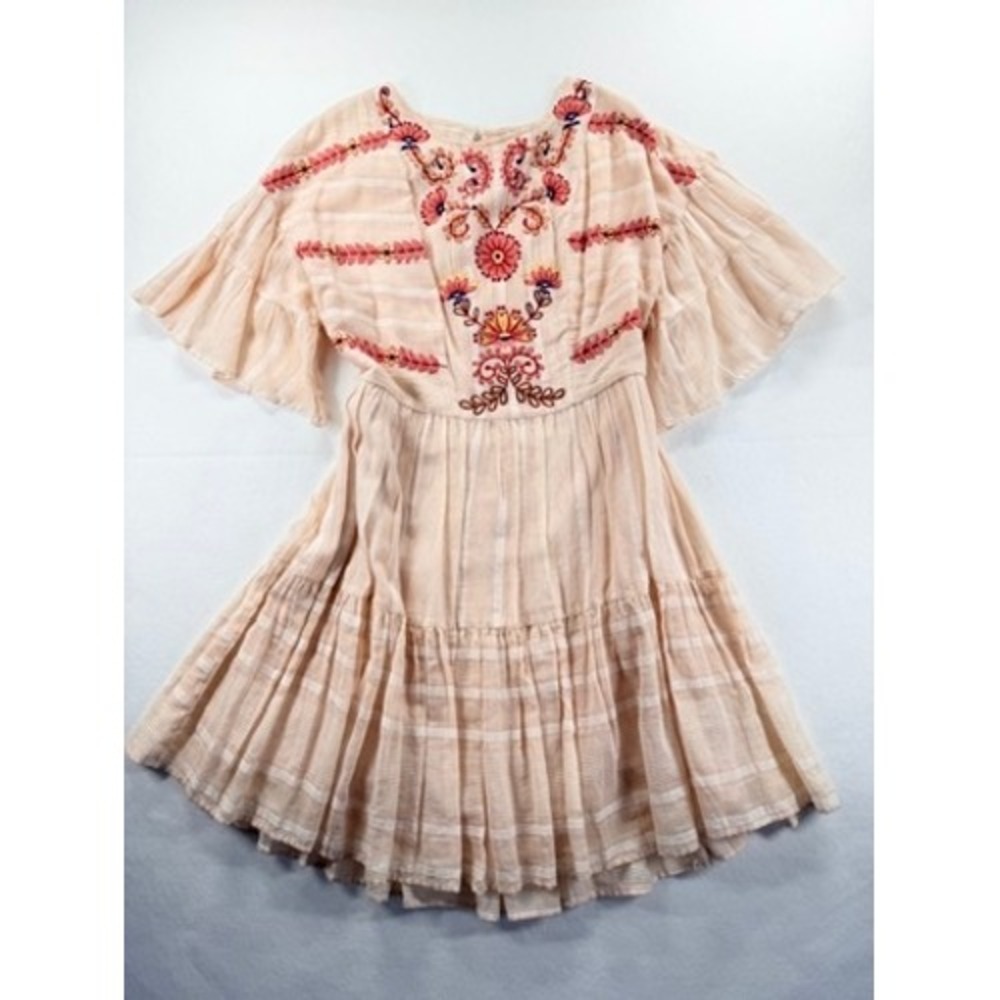 NEW Ranna Gill Anthropologie Embroidered Boho Tiered Dress Pink L